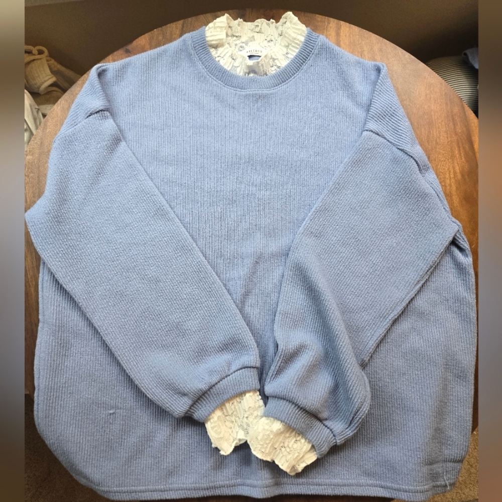 Blue Sweater with Lace Trim